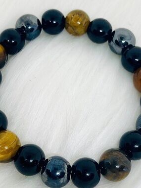 Multicolor Beaded Stretch Bracelet - Black, Gold, Silver